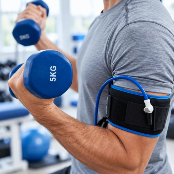 Blood flow restriction training with an upper-arm cuff and dumbbell exercise